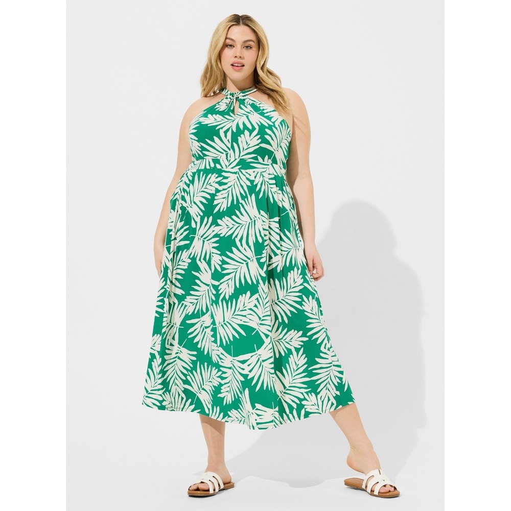 Torrid Size 2 18/20 Tea Length Studio Knit Halter Dress Green Fronds Leaves